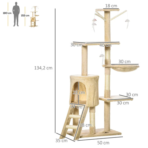 Rootz Scratching Post - Cat Tree - Cat Climbing Tree - Climbing Tree - Cat Scratching House - Cat Cave - 4 Toys - Beige + White - 50 x 35 x 134.2 cm