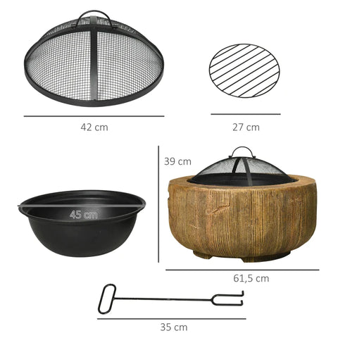 Rootz Fire Bowl In Tree Stump Design - Fire Pit - Spark Grid - Coal Grate - Poker - Brown - Ø61.5 x 39 cm