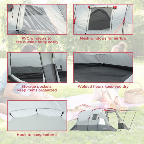 Rootz Campingtent - Tunneltent - Kampeertent met slaapkamer - Woonkamer - ingenaaide vloer - 3 deuren en draagtas - 2000 mm waterkolom voor vissen - Wandelen - Sporten - Reizen - Grijs - 5.10x2.40x1.80m