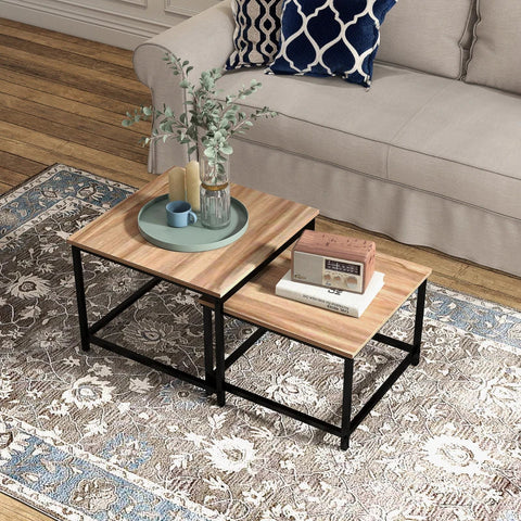 Rootz Nesting Table - Set Of 2 Side Tables - Industrial Design - Black Steel Frame - Table Top In Wood Look - Chipboard - Natural Wood - 60cm x 60cm x 45cm