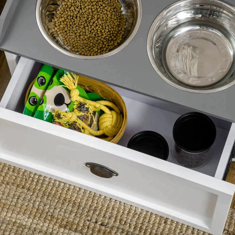 Rootz Feeding Station - Convenient Feeding Station - 2 Feeding Bowls Each 2 Liters - Stainless Steel - With Drawer - For Large Dogs - White/Grey - 60 x 30 x 36 cm