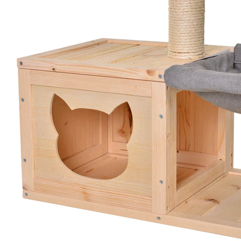 Rootz Kattenhuis - Kattenhuis met Hangmat - Kattengrot - Krabpaal - Kattenactiviteitencentrum - Dennenhout - Naturel - 70 x 35 x 60 cm