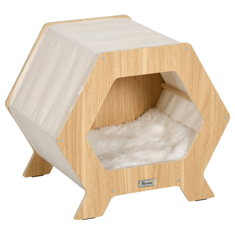 Rootz Cat Cave Including Washable Cushions - Modern Design - Natural + White + Beige - 49.5 cm x 38.5 cm x 43.5 cm