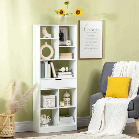 Rootz Bookshelf - Open Shelves - With 9 Shelves - And 1 Drawer - MDF - White - 60 cm x 26 cm x 158 cm