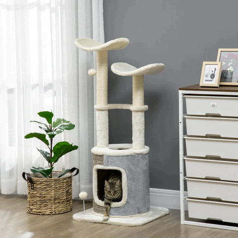Rootz Scratching Post - With Cat Cave - Cat Tree - Two Platforms - Two Scratching Posts - Plush Cover - Creamy White - 48 x 48 x 110cm
