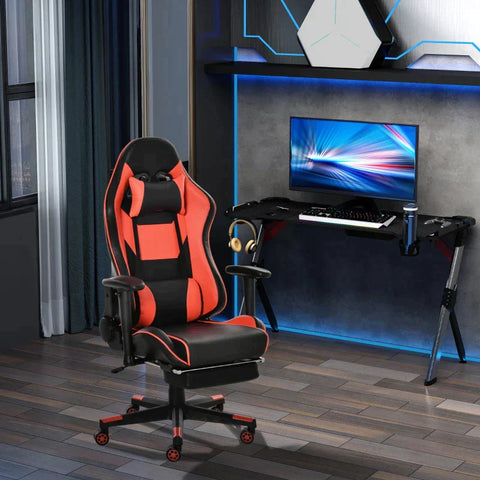 Rootz Gaming Stuhl – Bürostuhl – Ergonomischer Drehstuhl mit Kopfstütze – Stuhl mit Wipp- und Liegefunktion – Lendenkissen – 90–160° Neigungswinkel – Kunstleder – Schwarz + Rot – 72 x 72 x 121–130 cm