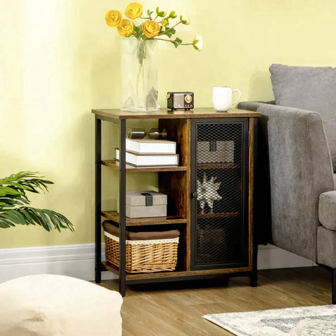 Rootz Storage Cabinet - Sideboard - Industrial Design Sideboard - With 3 Shelves - 1 Cupboard - Black/Brown - 60 cm x 32 cm x 70 cm