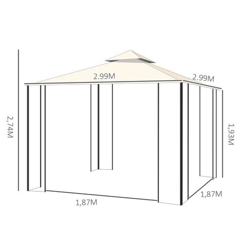 Rootz Gazebo - Garden Pavilion - Gazebo - Pavilion - Garden Tent - Marquee Party Tent - With Double Roof - Metal/Polyester - Cream White - 2.99 x 2.99 x 2.74 m