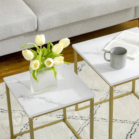 Rootz 2 Side Tables - Stackable Side Tables - Marble Look Table Top - Small Coffee Table - Wood Material - Gold + White - 45L x 45W x 50H cm
