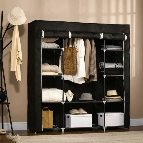 Rootz Wardrobe - Fabric Wardrobe Made Of Fleece - Folding Wardrobe - 1 Clothes Rail - 9 Shelves - Black - 150 cm x 43 cm x 162.5 cm