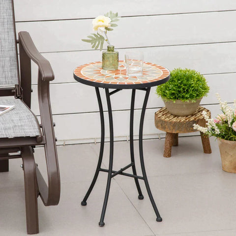 Rootz Garden Table - Side Table - Flower Stool - Plant Stool -  Round Weatherproof Flower Stool - Ceramic/Iron - Yellow/Grey
