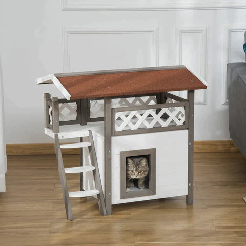Rootz Cat House - Small Animal House - Cat Cave - With Terrace And Stairs - Weatherproof Winterproof - Fir Wood - White - 77 x 50 x 73 cm