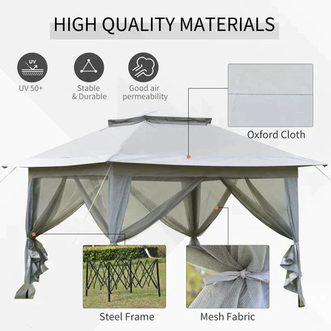 Rootz Pop Up Gazebo - Pop Up Tent - Gazebo - Party Tent - With Netting And Carry Bag - Height Adjustable - Steel/Oxford/Mesh Fabric - Light Grey/Black - 3.64x3.64x2.94m
