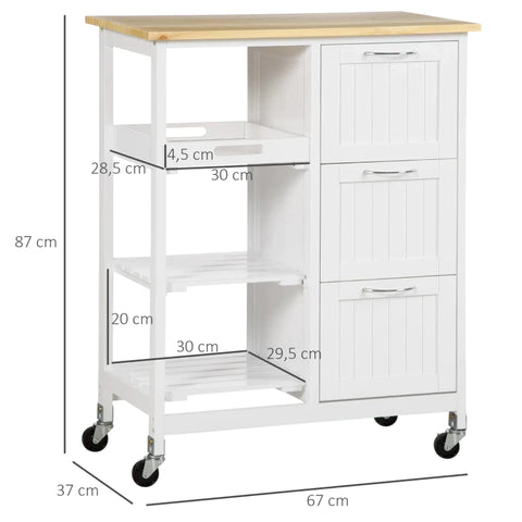 Rootz Serving Trolley - Country House - Style Kitchen - Trolley Kitchen - Island Kitchen - Trolley 3 Drawers - Pinewood - Natural+White - 67L x 37W x 87H cm