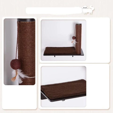Rootz Climbing Wall Cats - Cat Lounger - Wall Scratching Post - Scratching Post Lounger - 53cm Cat Shelf - Cat Shelf With Ball Toy - Wall-mounted Cat Toy - Durable Cat Scratching Post - Cat Relaxation Shelf - Luxury Cat Wall Furniture - Brown