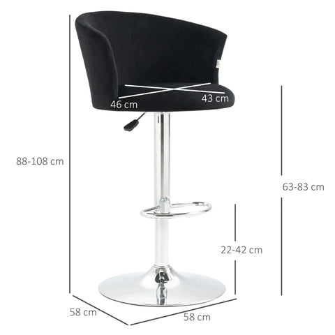Rootz Bar Stool - Set Of 2 Bar Stool - Velvet Look - Height Adjustable - 360 Degrees Rotatable - Black + Silver - 58cm x 58cm x 108cm