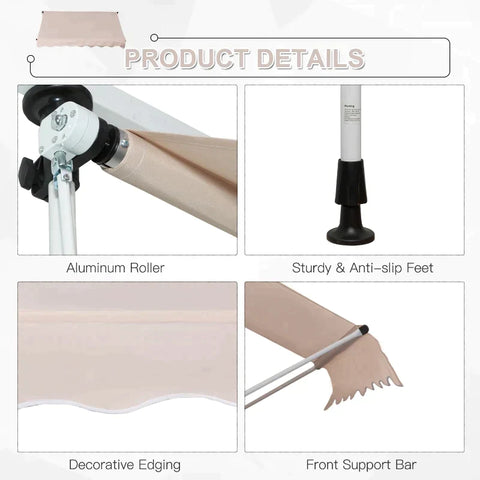 Rootz Awning - Clamp Awning - Articulated Arm Awning -  Sun Protection - Folding Arm - Hand Crank - Aluminum - Cream - White - 200 X 150 Cm