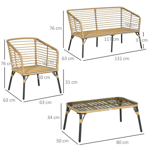 Rootz Gartenmöbel-Set – 4-teiliges Rattan-Gartenmöbel – Boho-Stil – wetterbeständig – abnehmbare Bezüge – Natur + Dunkelgrau – 131 cm x 63 cm x 76 cm