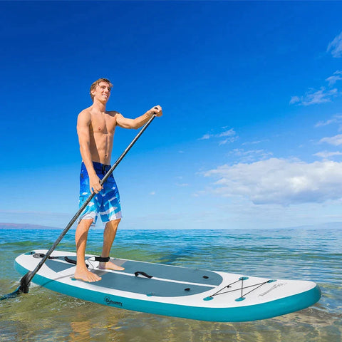 Rootz Surfplank - Opblaasbare Surfplank - Stand Up Board Met Paddle - Surfplank Met Verstelbare Paddle - Kajakstoel - Opvouwbaar - EVA - Antislip - Wit + Blauw - 320L x 76B x 15H cm