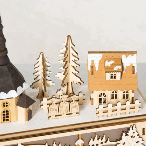 Rootz Christmas Village - Christmas Decoration - Snowy Christmas Village - 10 Leds - Warm White Light - Wood - Natural - 45 x 10 x 25cm