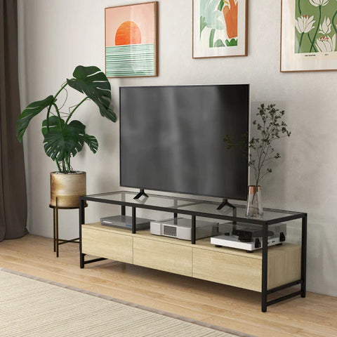Rootz Tv-meubel - Industrieel Design - 3 Kasten - 3 Open Planken - Glazen blad - Gemakkelijk schoon te maken - Houtmateriaal - Naturel + Zwart - 148L x 40W x 47H cm