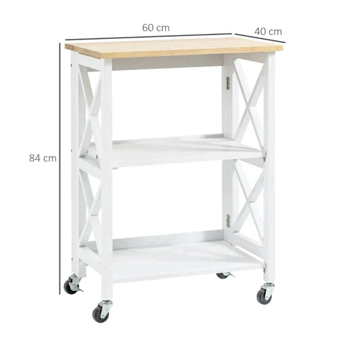 Rootz Kitchen Trolley - Serving Trolley - Kitchen Cabinet - Foldable - MDF/Rubber Wood - White - 60 x 40 x 84 cm