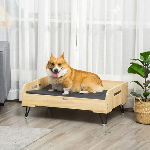 Rootz Pet Bed - Dog Sofa - Raised Pet Sofa - With Cushion - Cat Sofa - Dog Bed - Dog Sleeping Place - Oak/Black - 82 x 56 x 31.5 cm