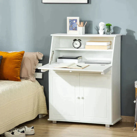 Rootz Bureau - Secretaresse Bureau - Ladekast - Schrijfkist Flap - Secretaresse Ruimtebesparend - Computertafel Met Kast -thuis - Kantoor - Wit - 82 x 38,5 x 107 cm
