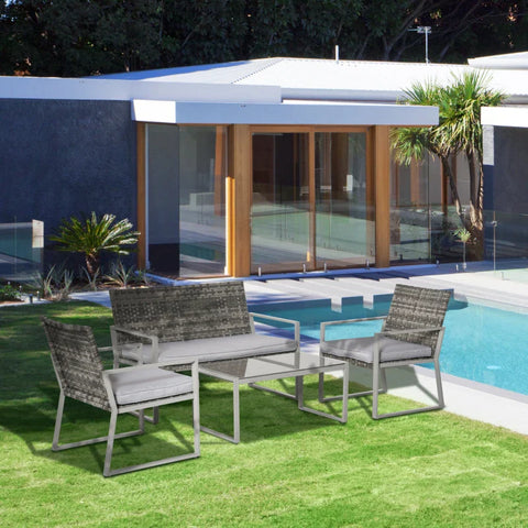 Rootz Garden Furniture Set - 4pc Rattan Furniture - Single Sofa Arm Chairs - Bench With Cushions - Coffee Table - Garden Furniture - Backyard Seating - Stylish And Comfort - Grey