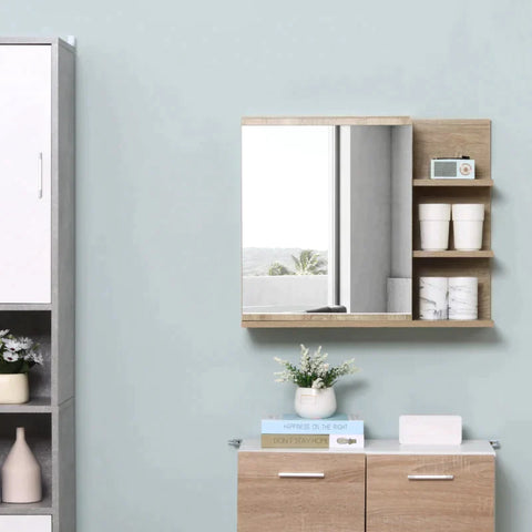 Rootz Mirror Cabinet - Mirror Door Cabinet With 5 Shelves - Chipboard - Glass - Natural - 60cm x 18cm x 50cm