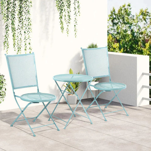 Rootz Bistro-Set – Gartensitzgruppe – Gartengruppenbestuhlung – Gruppenbestuhlung – 1 klappbarer Tisch + 2 klappbare Stühle – Metall – Hellblau