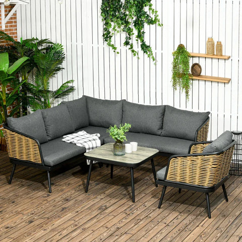 Rootz Garden Furniture Set - For 5 People - Rattan Seating Group With Cushions - Balcony Furniture - Corner Sofa - Armchair - Coffee Table - Grey - 123L x 49W x 47H cm