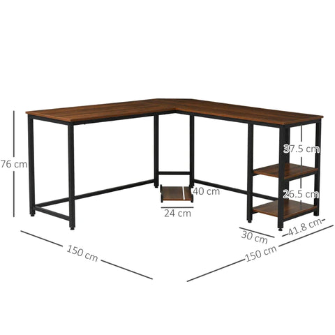 Rootz Computer Desk - L Shaped Corner Desk - Office Table - MDF+ Steel - Walnut/Black - 150 x 15 x 76cm