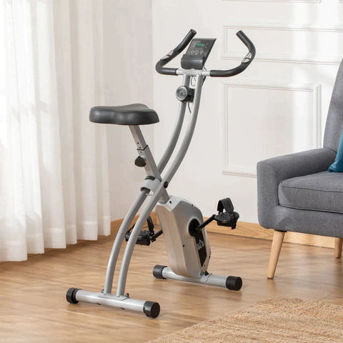 Rootz Home Trainer Exercise Bike - Bicycle Trainer With 8 Levels - Adjustable Magnetic Resistance - Foldable Fitness Bike - LCD Training Computer - Hand Pulse Sensors - Silver + Black - 86 x 47 x 112 cm