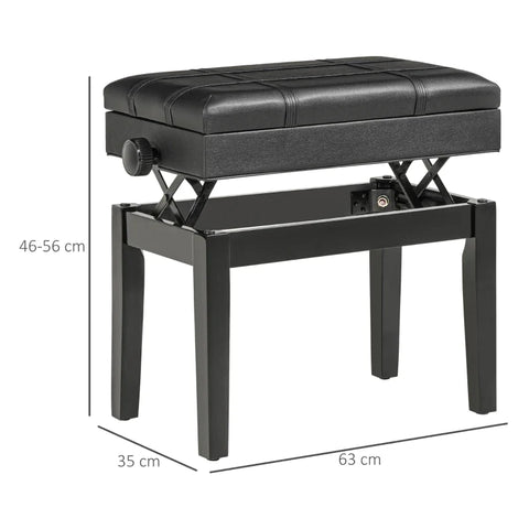 Rootz Piano Bench - Elegant Design - Hidden - Black Painted Wood - Storage Stool - Adjustable Seat Height - Faux Leather - Black - 63L x 35W x 46-56H cm