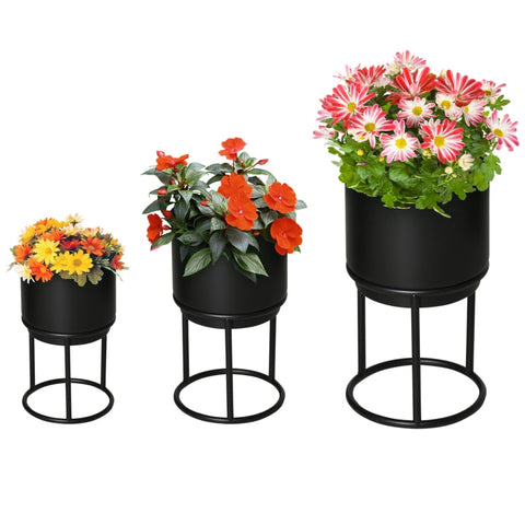 Rootz Set Van 3 Bloemenstandaards - Bloempot - Metalen Plantenstandaard - Bloemenkruk - Plantenkruk - Zwart - Ø22 x 41H cm