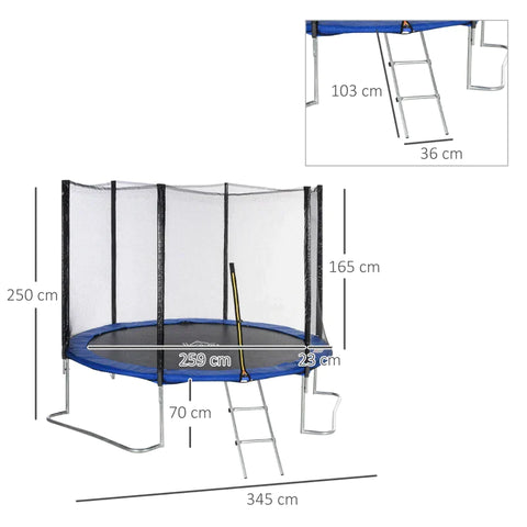 Rootz Trampoline - Tuintrampoline Met Veiligheidsnet - Randafdekking - Gestoffeerd - Staal - Zwart + Blauw - 345L x 345B x 250H cm