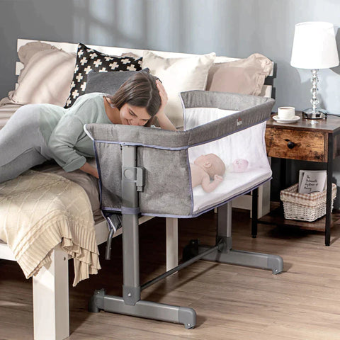 Rootz Baby Cot - Baby Bed - Extra Bed - Travel Bed - Height Adjustable - With Mattress - Steel/Mesh/Plastic - Grey - 86 x 50 x 83cm