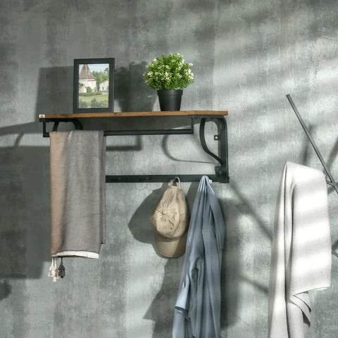 Rootz Wall Shelf - Floating Wall Shelf - Industrial-Style Floating Wall Shelf - With Hooks - Steel/Wood - Brown/Black - 66 x 30 x 27 cm