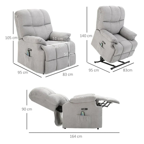 Rootz Armchair - Tv Armchair - Massage Chair With Stand-up Aid - Relaxation Chair With Heating Function - Adjustable Angle - USB Remote Control - Grey - 83 x 95 x 105 cm
