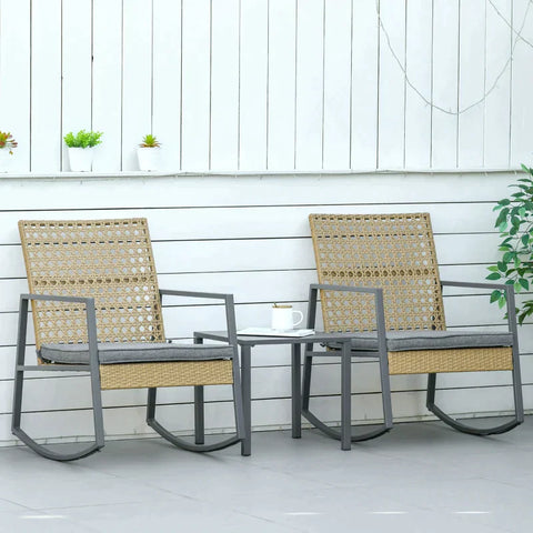 Rootz Rattan Rocking Chair - 3-piece Bistro Set - 2 Chairs 1 Table With Cushions - Gardens Patios - Outdoor Patio Furniture - Natural + Grey - 63L x 84W x 92H cm