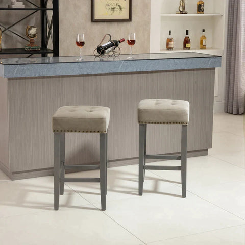 Rootz Barkrukken Set Van 2 - Eetkamerkrukken Met Voetsteun - Ademend - Polyester Stof - Rubberhout - Schuim - Grijs - 38,5 x 38,5 x 69,5 cm