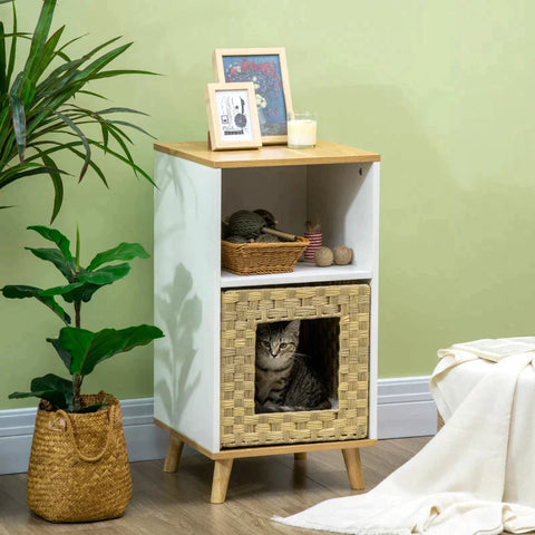Rootz Cat House - Rattan Cat Cave with Storage - Washable Cushions - Oak + White + Beige - 40cm x 40cm x 77cm