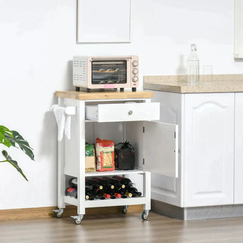 Rootz Kitchen Trolley - Rolling Kitchen Trolley With Storage Shelf - Wheels - Smooth Top - White - 63.5 cm x 40 cm x 90 cm