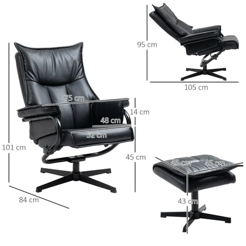 Rootz Recliner Chair With Stool - Swivel - Tilting Backrest - Steel Frame - Faux Leather - Black - 75cm x 84cm x 101cm