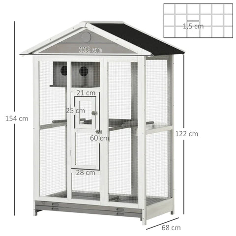 Rootz Bird Aviary - Wooden Aviary Bird Cage - Perch Asphalt Roof - Waterproof - Fir Wood - White + Grey + Black - 112 x 68 x 154 cm