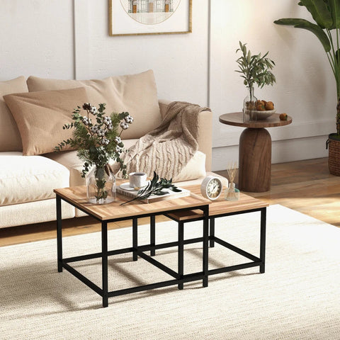 Rootz Nesting Table - Set Of 2 Side Tables - Industrial Design - Black Steel Frame - Table Top In Wood Look - Chipboard - Natural Wood - 60cm x 60cm x 45cm