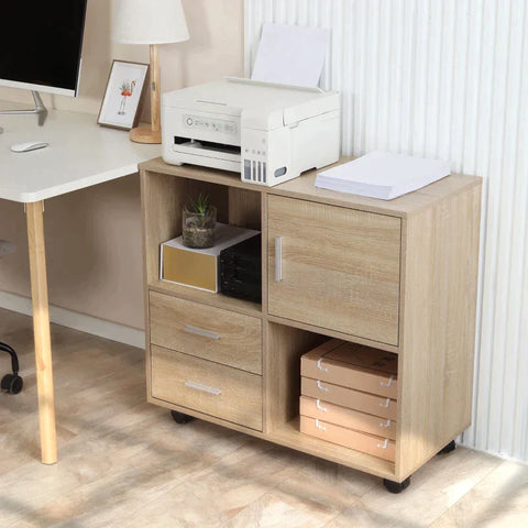 Rootz Printer Stand - Office Side Table - 2 Laden 1 Kast - 4 Wielen - Naturel - 80 cm × 38,5 cm × 74,5 cm