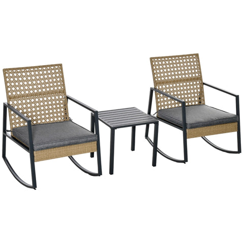 Rootz Rattan Rocking Chair - 3-piece Bistro Set - 2 Chairs 1 Table With Cushions - Gardens Patios - Outdoor Patio Furniture - Natural + Grey - 63L x 84W x 92H cm