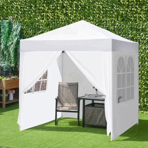 Rootz Pop-Up-Pavillon – Faltpavillon – 4 Seitenwände mit Fenstertür mit Reißverschluss – Festzelt-Gartenzelt – Tragetasche – Metall – Oxford – Weiß – 2 x 2 m
